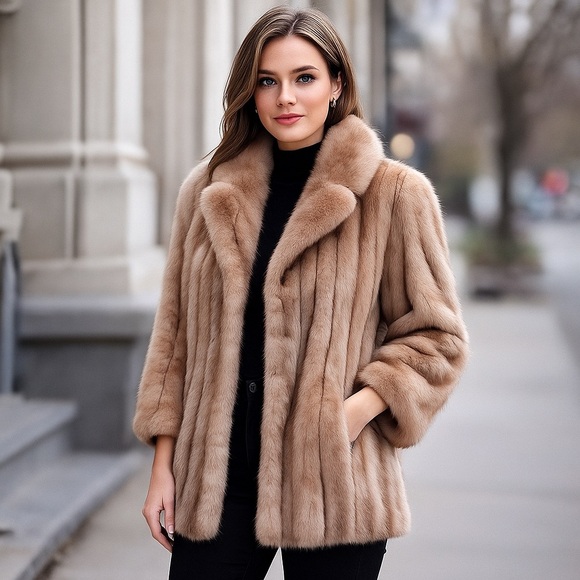 Vintage Jackets & Blazers - Vintage Real Mink Fur Jacket Soft Neutral Beige Blonde Mink Large Mob Wife Coat
